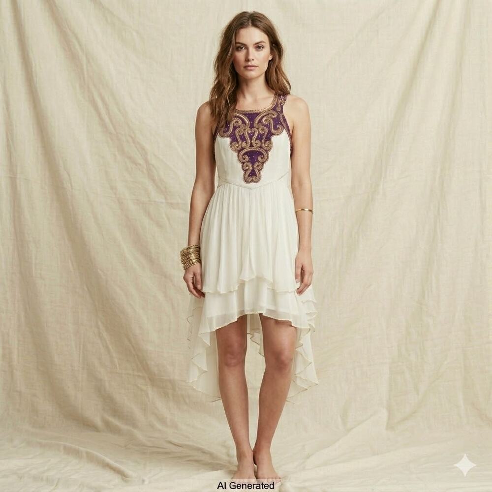 006 NWT Free People Filagree Fantasy Dress | White/Purple | Size 8